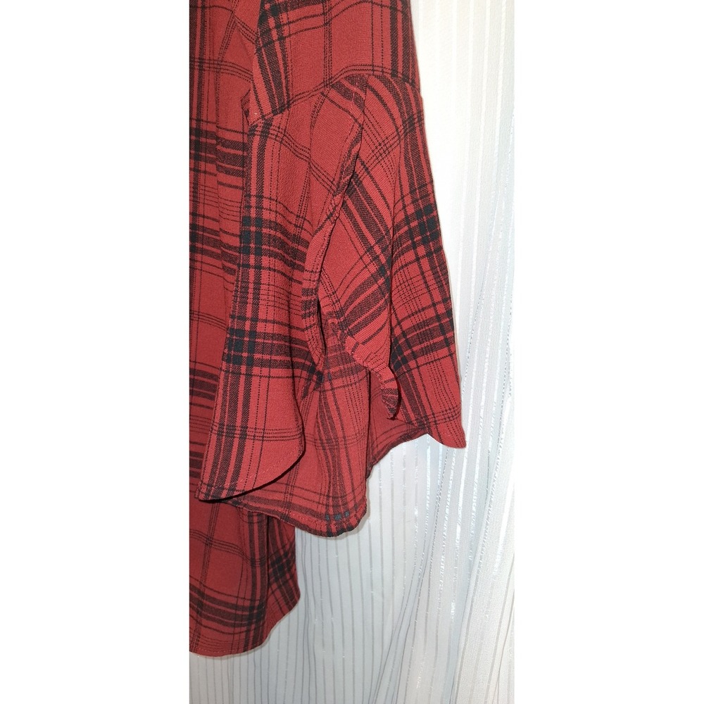Xhilaration Womens 1X Plaid‎ Bell Sleeve Tie Neck Blouse Red Black Shirt Top - Picture 4 of 6